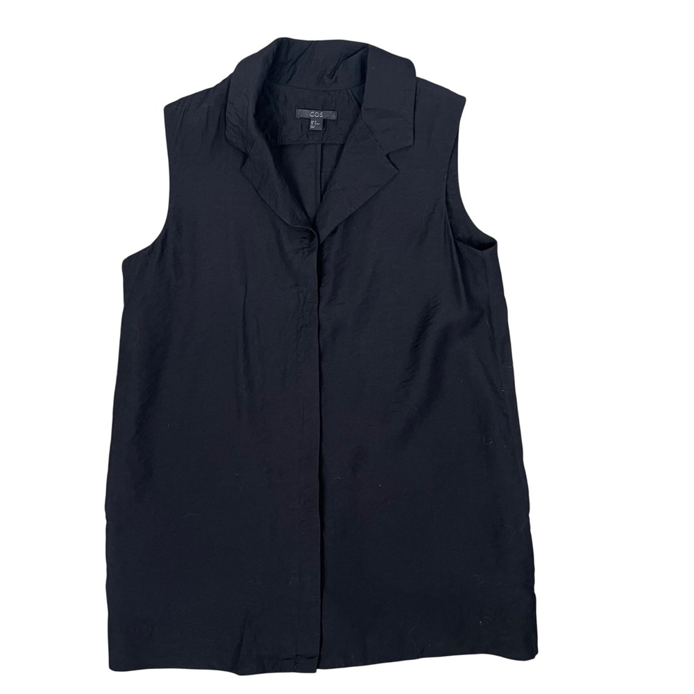 COS Womens Black Sleeveless Hidden Button Down Blouse Notched Collar Size 6
